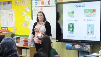 Teacher and pupils using Sharp technology in class
