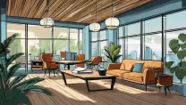 Firefly positive office interior design environment with many wooden and glass tables, sofa, coffee 