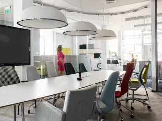 Modern, empty meeting room with glass panels