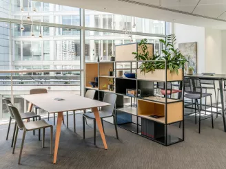 Office storage shelving in an open plan office with plants and desking