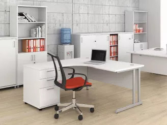 White curve desk in modern office with task chair and storage