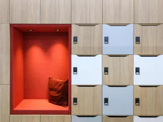 Wooden storage lockers with inbuilt seating area