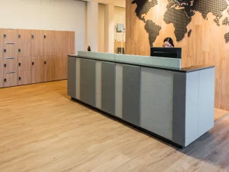 Reception desk in modern reception area with receptionist on the phone