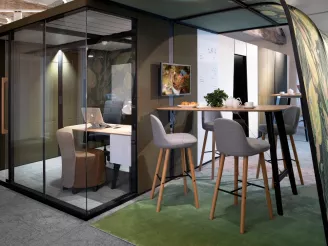 Modern office space with high table and stools