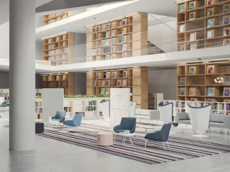 Open campus space with floor to ceiling height bookcases and storage