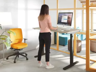 Women stood up working on laptop at height adjustable desk in office