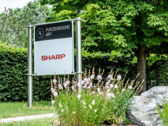 Sharp sign at the entrance of the Sharp Office