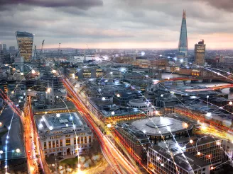 City scape with bright lights