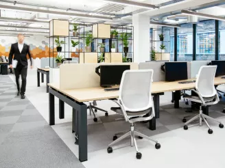 Corporate modern office with banks of desks, chairs, computer screens and storage racking with decorative plants