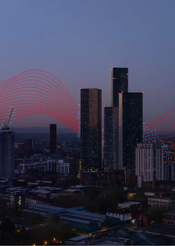 Manchester skyline at sunset