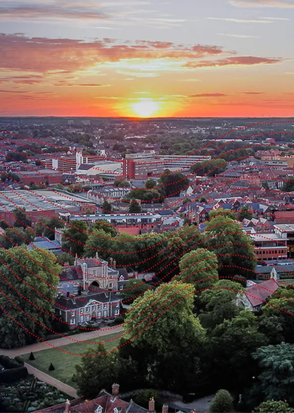 aerial view of Norwich in evening