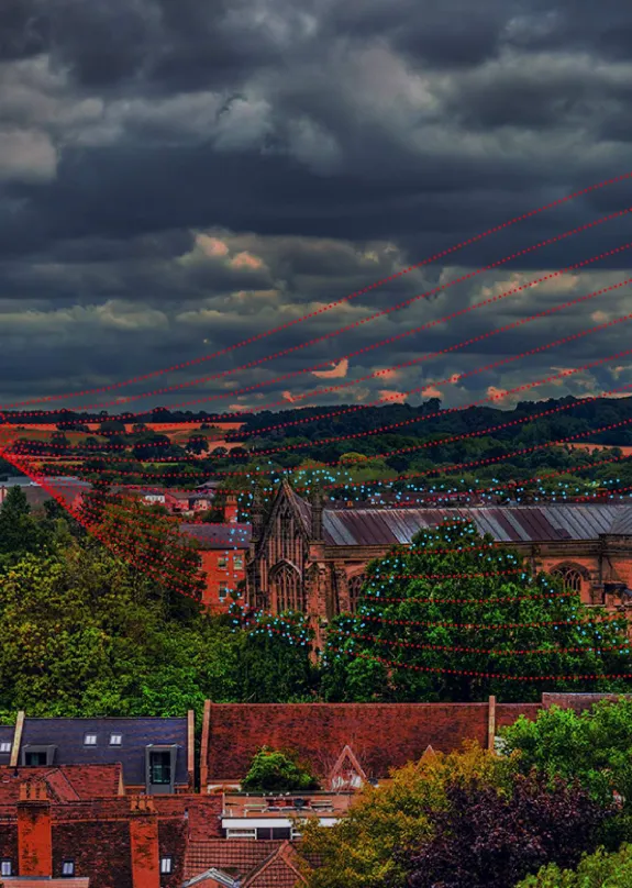 Aerial view of warwick in evening