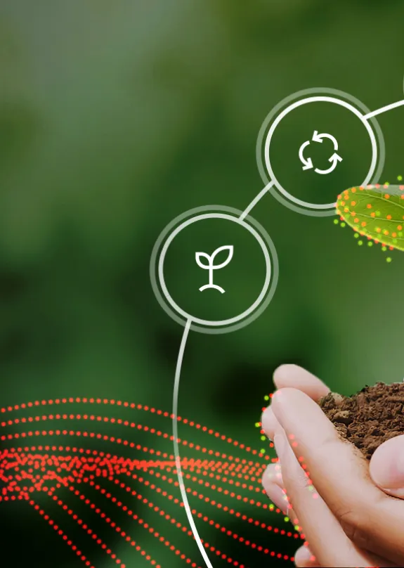 Hand holding a small plant surrounded by eco friendly icons