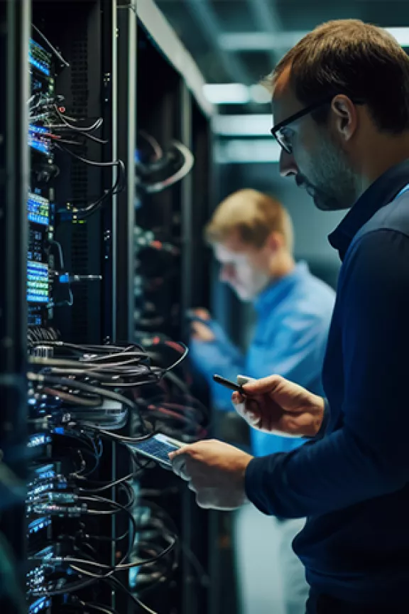 IT Technician in front of server rack